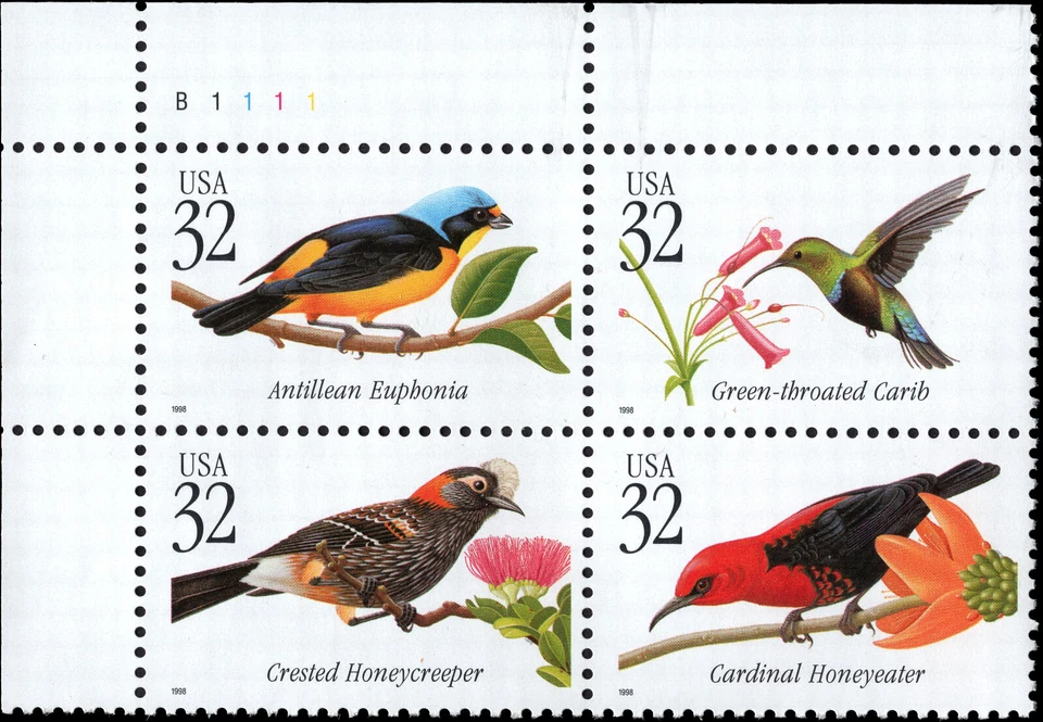 US Scott # 3225a (3222-3225), Tropical Birds, Plate Block of 1998 32¢ Stamps MNH - Image 1 of 1