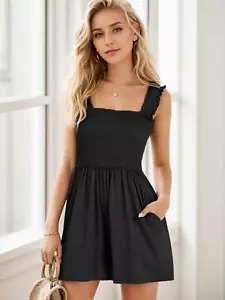 Womens Casual Smocked Rompers Square Neck Sleeveless Loose Shorts Jumpsuit Beach - Picture 1 of 14