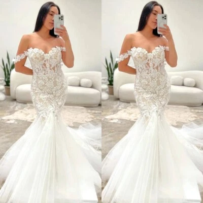 Mermaid Champagne Wedding Dresses Off Shoulder Sweep Train Elegant Bridal Gowns - Image 1 of 4