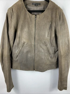 Theory Lamb Leather Biker Jacket Brown Women’s Size S/P Full Zipper Elbow Flaw - Image 1 of 4