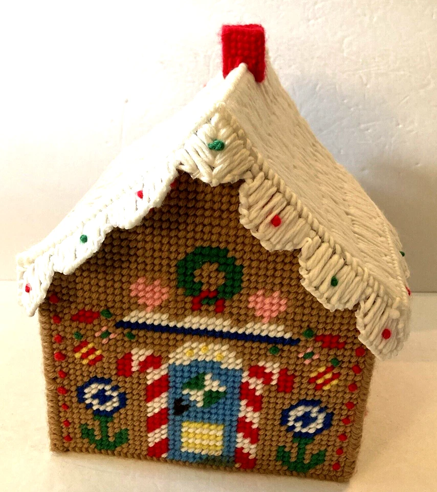 Vintage Handmade Plastic Canvas Needlepoint Gingerbread Christmas House 7x7.5 - Image 1 of 4