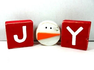Christmas JOY SNOWMAN O BLOCKS Handmade Wood Painted Red RUSTIC Crafted 3 1/4" - Picture 1 of 7