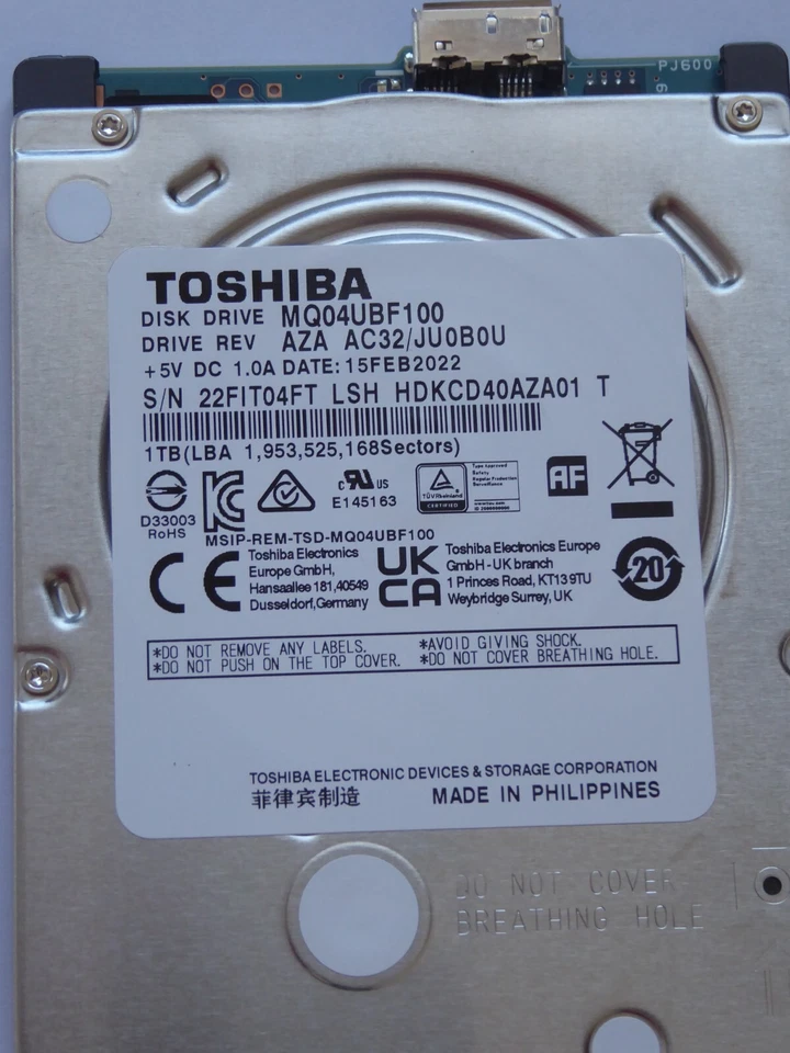 MQ04UBF100 AZA AC32 / JU0B0U 15FEB2022 HDKCD40AZA01 T Toshiba 1TB - Bild 1 von 1