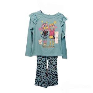 Garanimals Flare Pants Set Girls Blue Cheetah-5-Ruffled Long Sleeves-Glitter - Picture 1 of 5