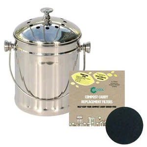 Mini Polished Steel 3 Litre Compost Caddy/Food Bin & 2 x Filters - Picture 1 of 8