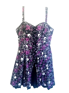 Hot Topic Mini Dress Large Corset Lace Up Purple Black Underlay Skull Rose Goth - Picture 1 of 15