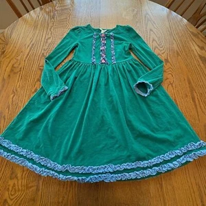 Matilda Jane Long Sleeve Knit Dress Green Girl’s Size 8 Blue Ruffle Hem - Picture 1 of 5
