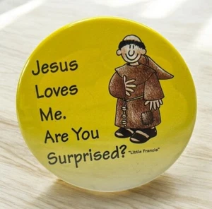 Jesus Loves Me Fridge Magnet Yellow with Little St Francis Humor Religious - Picture 1 of 6