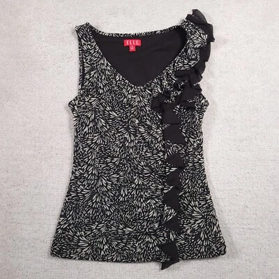 Elle Dressy Work Tank Blouse Ruffle Women's XS Gray Black Geometric Print Lined  - Image 1 of 4