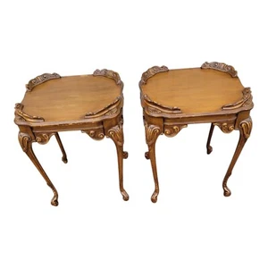 Pair 1930s Country French Walnut Lamp Tables Hand Carved Original Finish - Picture 1 of 13