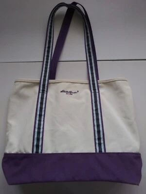 Bolso de Mano Eddie Bauer 100% Algodón Lona Púrpura y Blanco con Bolsillo Interior, Parte Superior Abierta Foto 1 de 4