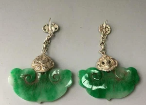 A Pair Chinese Antique Tibetan Silver Inlaid Lucky Jewelry Natural Jade Earrings - Picture 1 of 3
