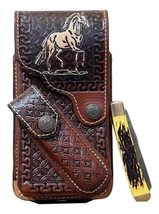 Étui en cuir Vaquero Charro téléphone et étui pochette couteau de poche fabriqué au Mexique - Photo 1 sur 7
