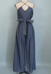 LUCCA Size: S Denim Jumpsut Wide-legged Spaghetti Strap Belt Wrap Tie Side Zip - Picture 1 of 10
