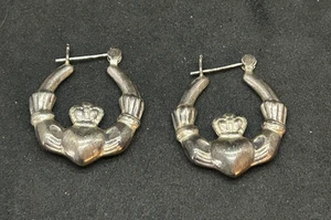 925 Sterling Claddagh Hoop Earrings 1.25in - 5.94g - Picture 1 of 3