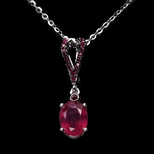 925 Sterling Silver Necklace Oval Ruby 8x6mm Ruby Diamond Cut Gemstone 18 Inches - Picture 1 of 14