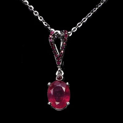 925 Sterling Silver Necklace Oval Ruby 8x6mm Ruby Diamond Cut Gemstone 18 Inches - Image 1 of 4