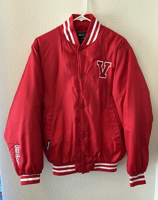 NEW Holloway Varsity Jacket Bomber Red Satin Size Small House Of Verizon "V" - Image 1 of 4