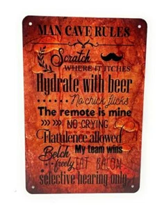 MAN CAVE RULES Hidratar con control remoto de cerveza es mío Mi equipo gana y más letrero de 12x8" - Imagen 1 de 3