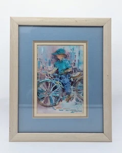 Watercolor Nel Byrd Child On Bike Signed Framed w/Glass Matted 9 x 11 - Picture 1 of 8