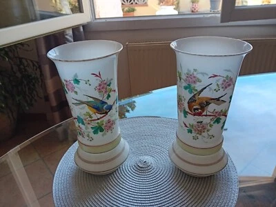 Paire de vases en cristal d'opale, opaline XIXe,  décor d'oiseaux - Photo 1/4
