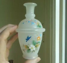 1880s BEAUTIFUL HAND PAINTED BLUEBIRD & FLOWERS FROSTED BRISTOL GLASS COLOGNE