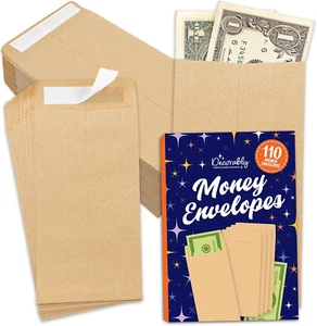 Decorably 110 Pack Kraft Small Money Envelopes for Cash Saving, 3.5X6.5In Small - Picture 1 of 12