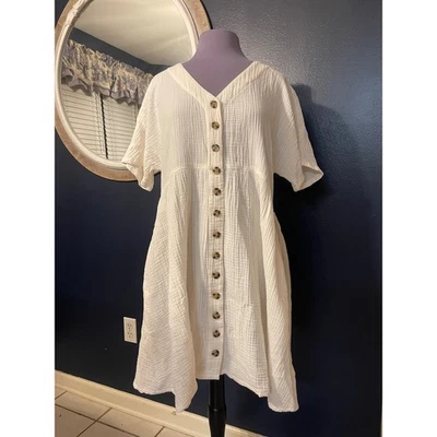Madewell Gauze Button Front Midi Dress Size L Cream Short Sleeve V Neck - Image 1 of 4