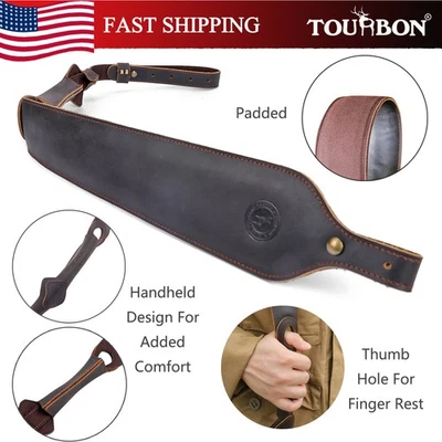 TOURBON Leather Rifle Strap Gun Sling Hunting Carry Belt Adjustable w/Thumb Hole - Image 1 of 4