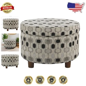 Chic Black Geometric Storage Ottoman - 24" Round, 17" High for Living Areas - Picture 1 of 11