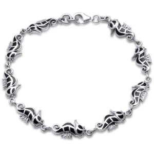 Black Onyx SeaHorse .925 Sterling Silver Bracelet 7" - Picture 1 of 2