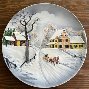 Majolica Winter Scene #3754 Made in West Germany 13" Large Hanging Plate 3D - Picture 1 of 9