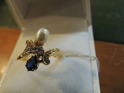 Bague or toi et moi saphir, diamants et perle  - Photo 1/4