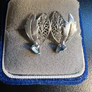 Vintage Wing Pierced Earrings Sterling Silver 925 Aquamarine Accent Leaves - Picture 1 of 9