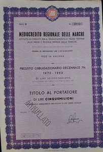ANCONA 1973/ MEDIOCREDITO REGIONALE MARCHE * BOND DI 50 MILIONI DI LIRE AL 7%°1 - Foto 1 di 2