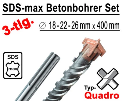 SDS-max Betonbohrer Set 3-tlg Quadro Bohrer Hammerbohrer 18mm 22mm 26mm x 400mm - Bild 1 von 4