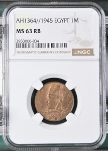 EGYPT 1 M 1945 - AH1369 KING Farouk UNC MS 63 RB Graded by NGC One Millieme - Picture 1 of 3
