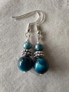 Sterling Silver, Tibetan Silver, Blue Tigereye And Freshwater Pearl Earrings Bn - Picture 1 of 1
