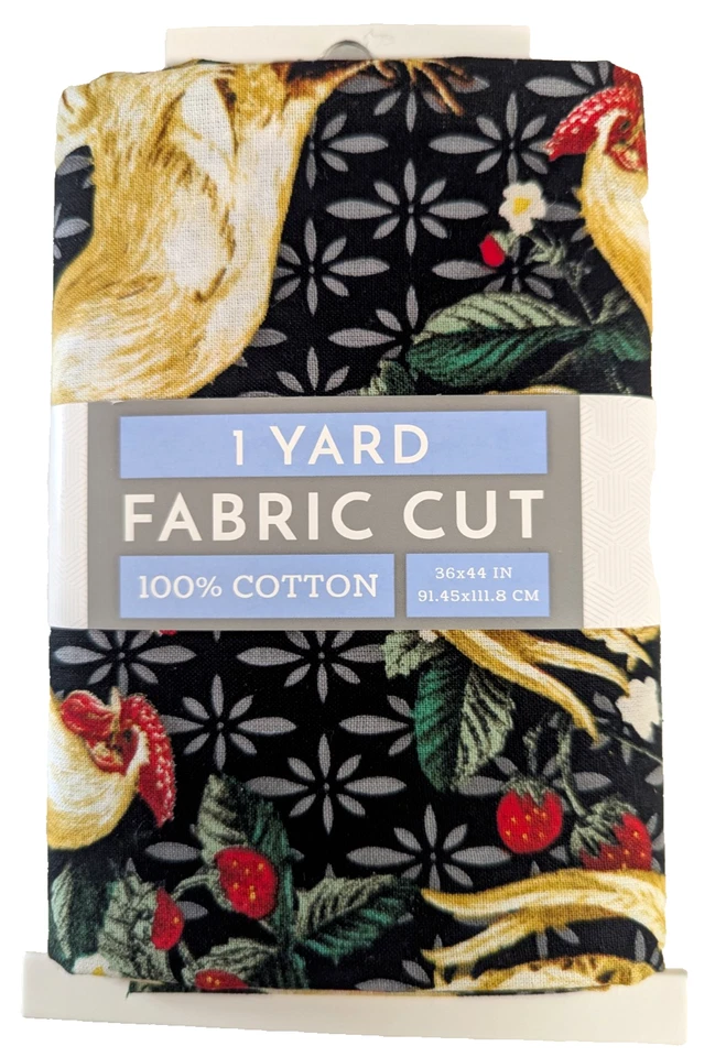 Rooster Chicken Strawberry Sewing Fabric 1-yard Precut Cotton Black Tan Crafts - Image 1 of 3