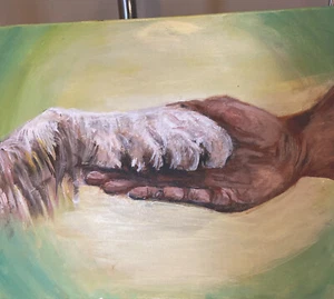 Mein bester Freund Hund und menschliche Hände Original Kunst auf Leinwand Acryl - Bild 1 von 2