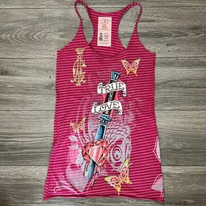 Christian Audigier rosa gestreifter Damen-Tunika-Tank XS Rasiermesser Allover-Druck - Bild 1 von 8
