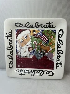 Nancy Thomas CELEBRATE 11.5” Square Platter Folk Art 1994 Signed ~ - Picture 1 of 24