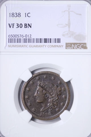 1838 Coronet Head Large Cent NGC VF30 Nice Big Penny! VLM Cover