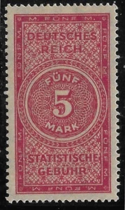 Germany 1900-20s Weimar Republic Custom-STATISTICAL FEE 5 MK Revenue 🔥 MLH OG - Picture 1 of 2