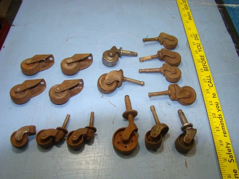 LOT, 16 ANTIQUE ARCHITECTURAL SALVAGE CASTORS -RUSTY STEEL WHEELS - STEAMPUNK Cover