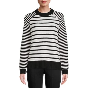 Time and Tru Womens Super-Soft Pullover Sweater, Black/White Stripe, Medium 8-10 - Picture 1 of 5