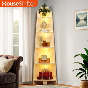 5 Tier Corner Bookshelf LED Wooden Bookcase Ladder Shelf Display Rack Storage - Picture 1 of 11