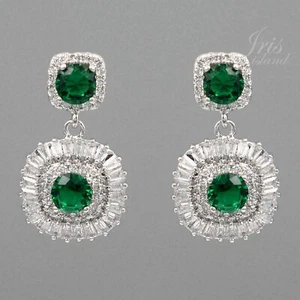 Women White Gold Plated Green Cubic Zirconia Cushion Drop Dangle earrings 06 - Picture 1 of 4