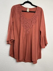 Faded Glory Womens Top Size 1X Orange Tunic Eyelet Scoop Neck Flared Sleeve Boho - Picture 1 of 11