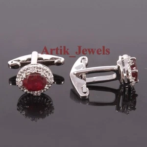 Heated Ruby & CZ Gemstone With 925 Sterling Silver Cufflink #688 - Picture 1 of 9